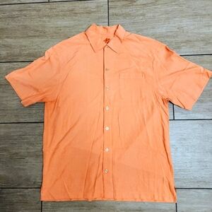 Tommy Bahama Herringbone Pattern 100% Silk Button Down Shirt In Melon Sorbet L